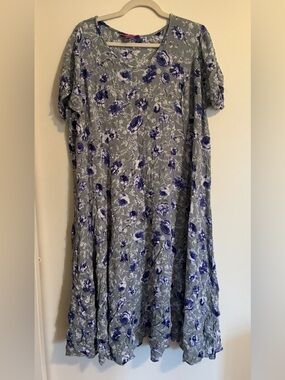 Woman Within Gray Midi Dress with Blue Floral Print